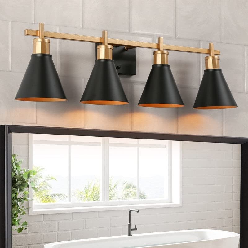 Modern Black Gold Vanity Light Bathroom 4-Light Metal Wall Sconce for Powder