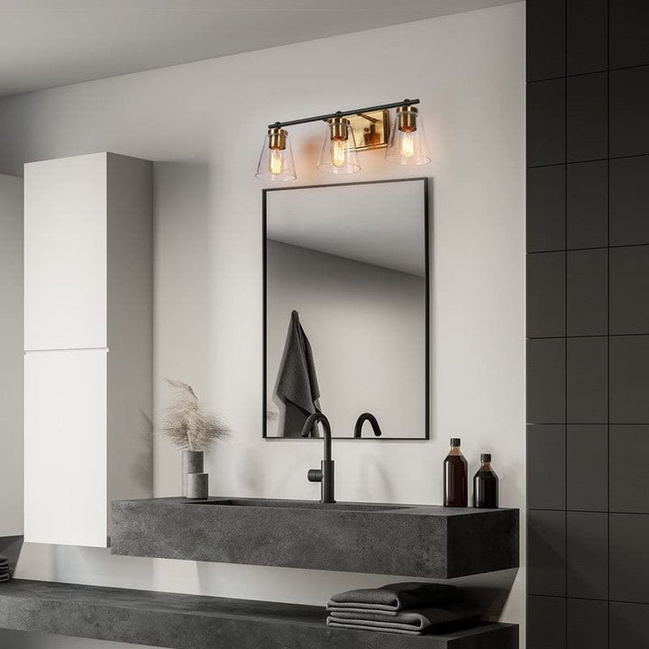 Modern 3-Light Black Gold Bathroom Vanity Lights Clear Glass Wall Sconce 22" L X