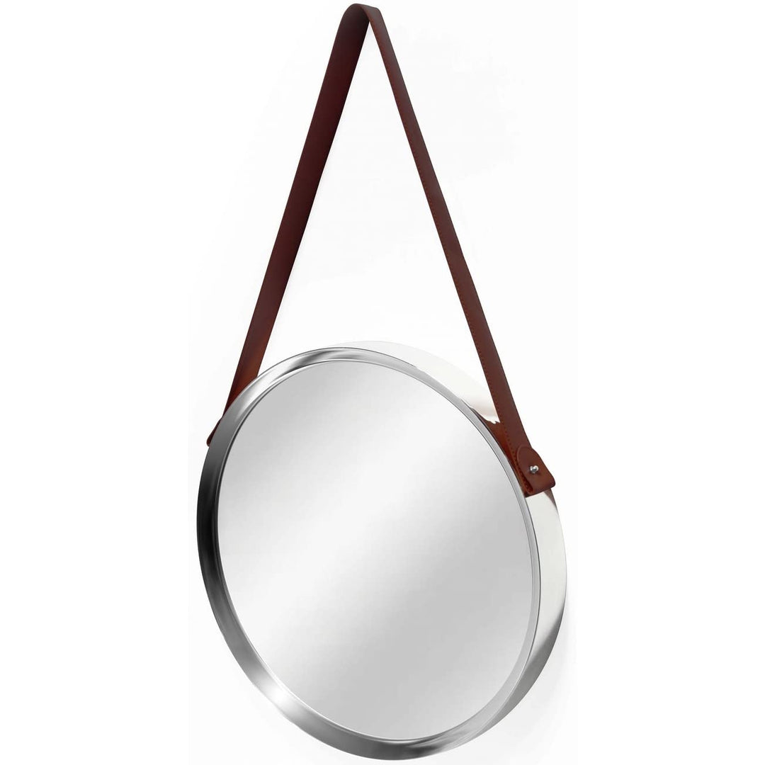 Decorative Silver 18 Inch Mirror with Frame and Hanging Strap Brown/Silver