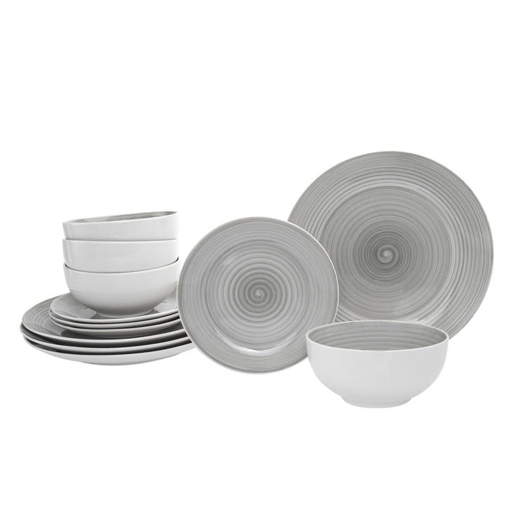 Spiral Grey Porcelain 12 Piece Dinnerware Set Service For 4 Solid Traditional