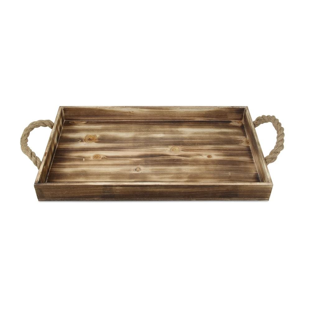 Wooden Rectangular Tray with Rope Side Handles Brown Modern Contemporary Wood