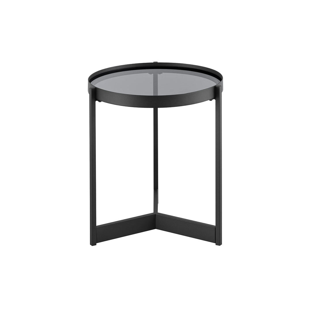 Contemporary Smoked Glass-top Side Table Black Industrial Modern Round Metal