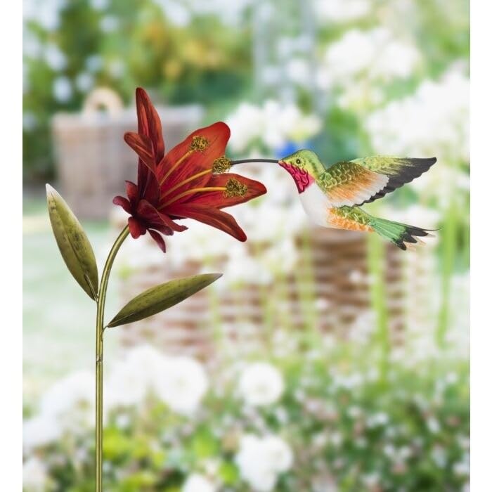 Hummingbird Flower Stakes Ruby Throated Multi Color Metal