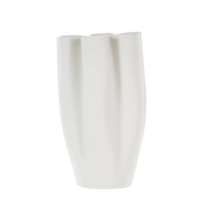 White Ceramic Ribbed Dimensional Folded Abstract Decorative Vase with Floral