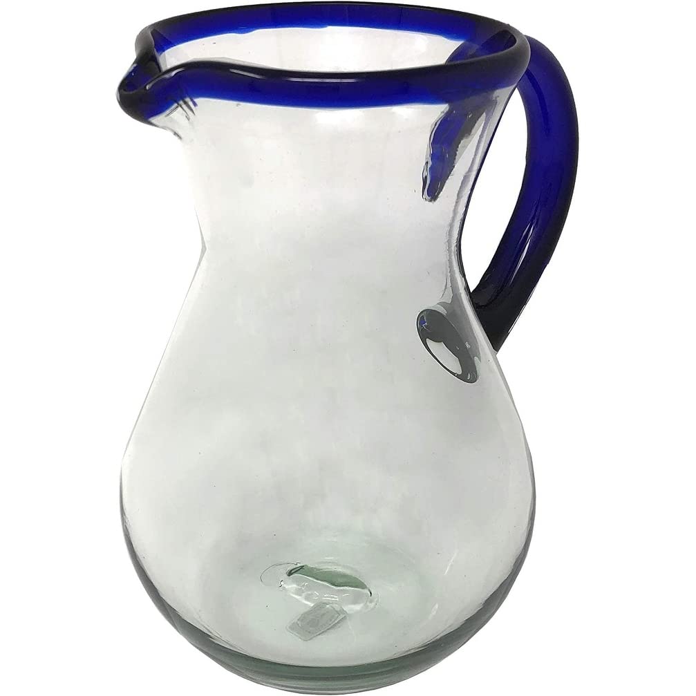 Dos Mexican Hand Blown Glass Pitcher Cobalt Blue Rim and Handle (84 Oz)