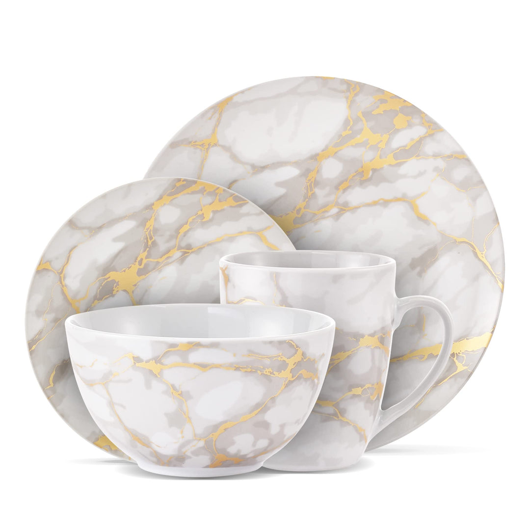 Safdie & Co. - Gold Marble Plates and Bowls Sets Modern Kitchen 16-Piece