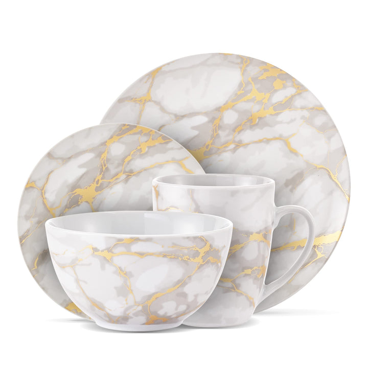 Safdie & Co. - Gold Marble Plates and Bowls Sets Modern Kitchen 16-Piece