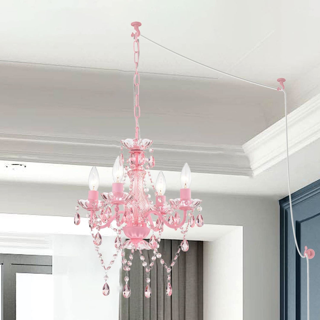 Plug in Pink Chandelier Small Acrylic Crystals Hanging Lamp 4-light Modern