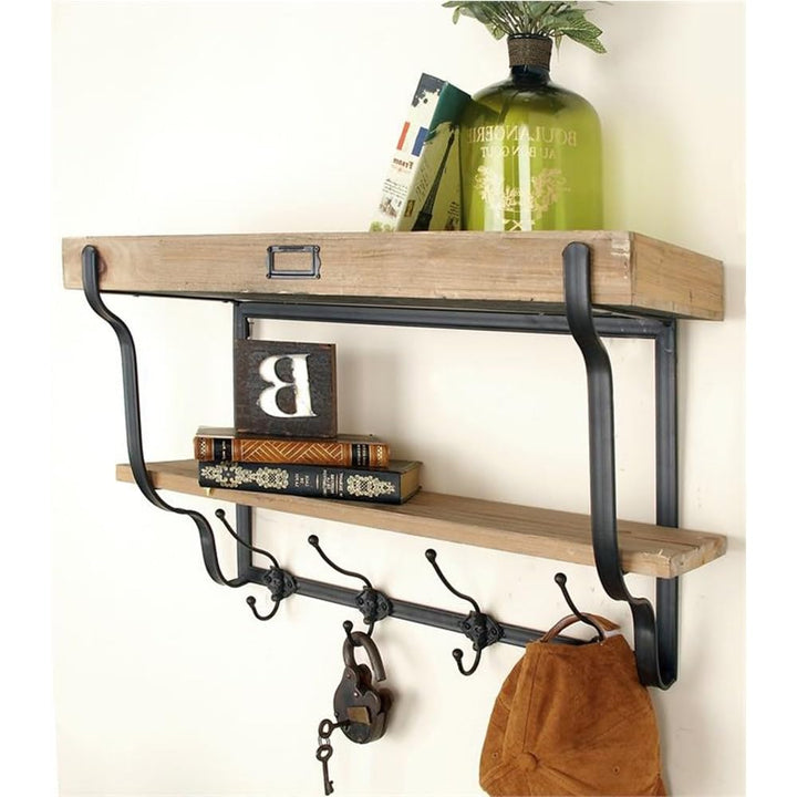 Vintage Appeal Light Brown Wood Farmhouse Wall Shelve with Hooks Natural