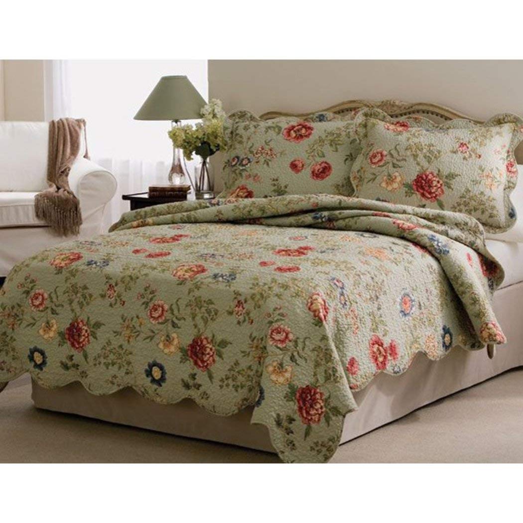 DS 3 Piece Green Yellow Pink Red King Quilt Set Floral Themed Bedding Flower