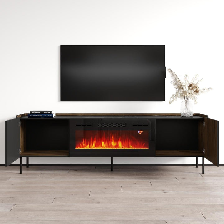 Fireplace Tv Stand Brown Mid-Century Modern Contemporary MDF Matte Includes