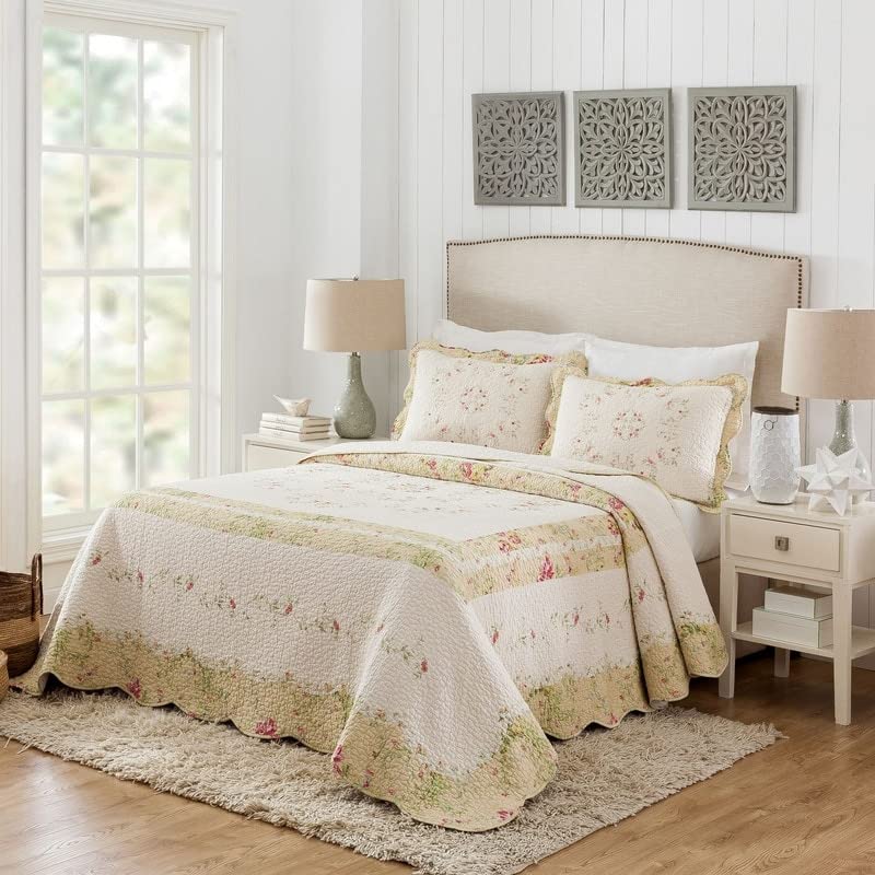 Prairie Bloom Queen Bedspread Off/White Floral Cottage Cotton 1 Piece