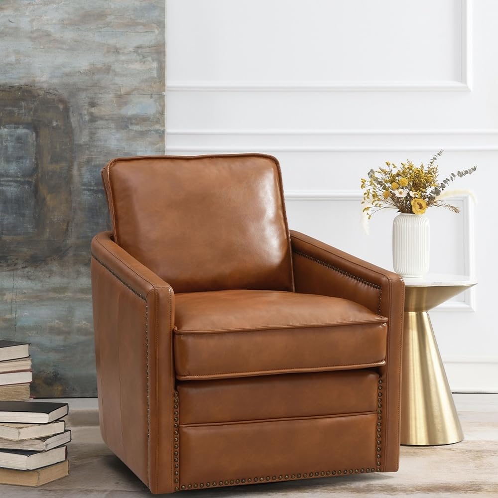 Accent Chair W/Swivel Brown Leather Solid Modern Contemporary Upholstered Swivel