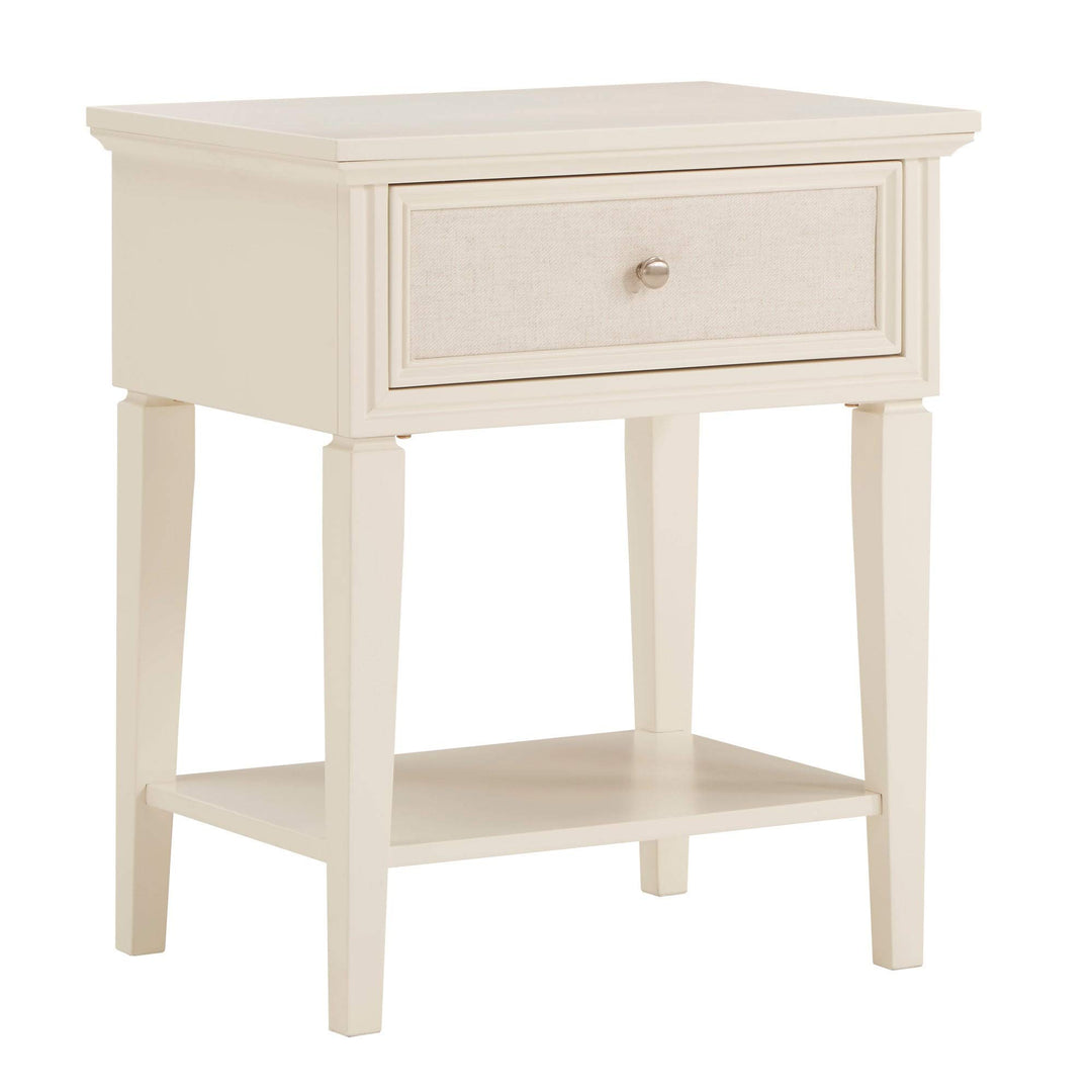 White Finish Beige Linen Drawer Face 1-Drawer Nightstand Americana raditional