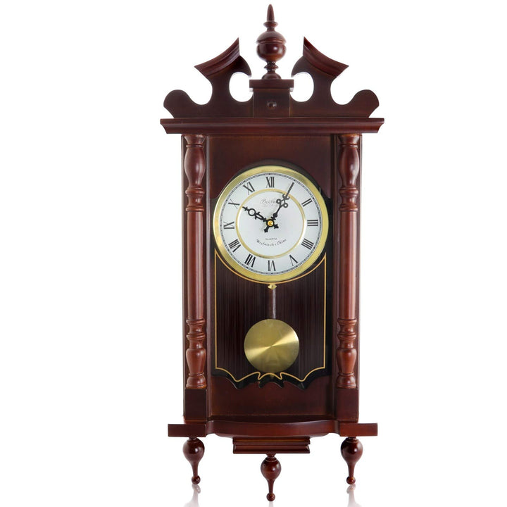 Decorative 31 inch Chiming Wall Clock W/Pendulum Red Rectangular Wood Cherry