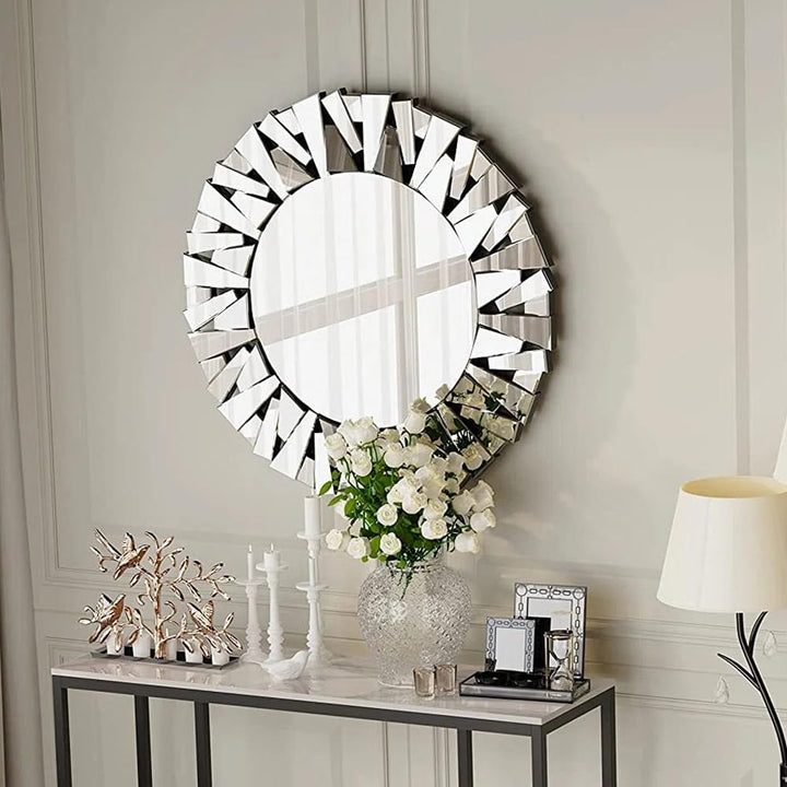 Sunburst Round Glass Accent Wall Mirror 32"x32" Silver Modern Contemporary