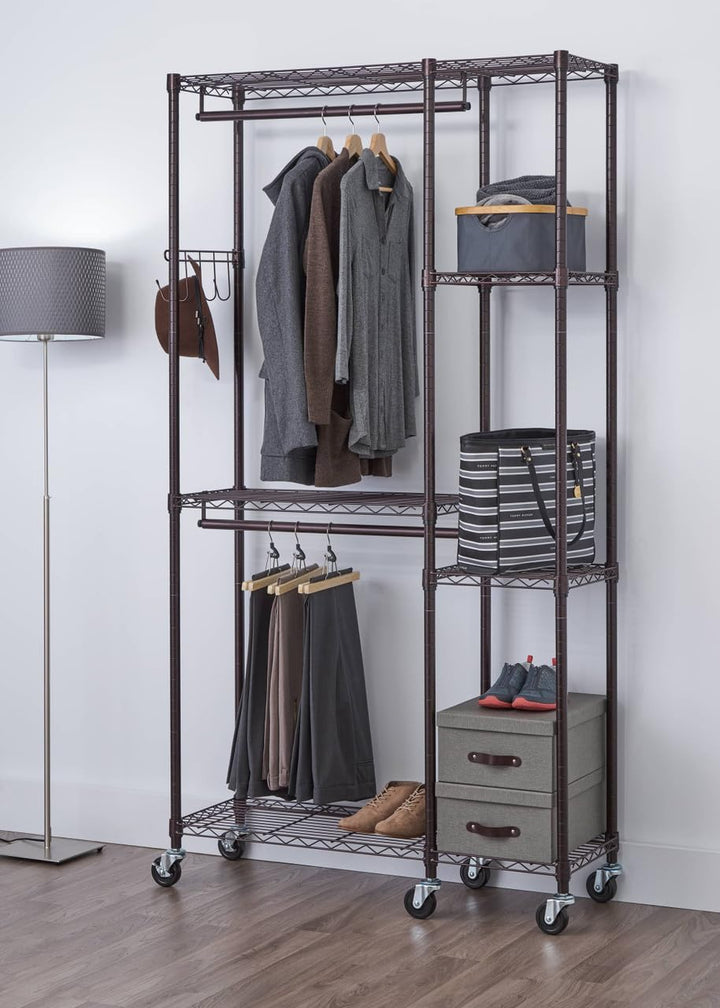 TRINITY Rolling Garment Rack With Shelves And Storage Hooks For Clothing Storage Dark Bronze