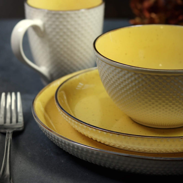 Embossed Dot Two Tone 16-Piece Dinnerware Set in Yellow Textured Casual Round