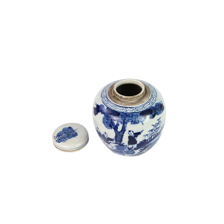 Blue and White Mini Jar Kids Playing Under Tree Porcelain