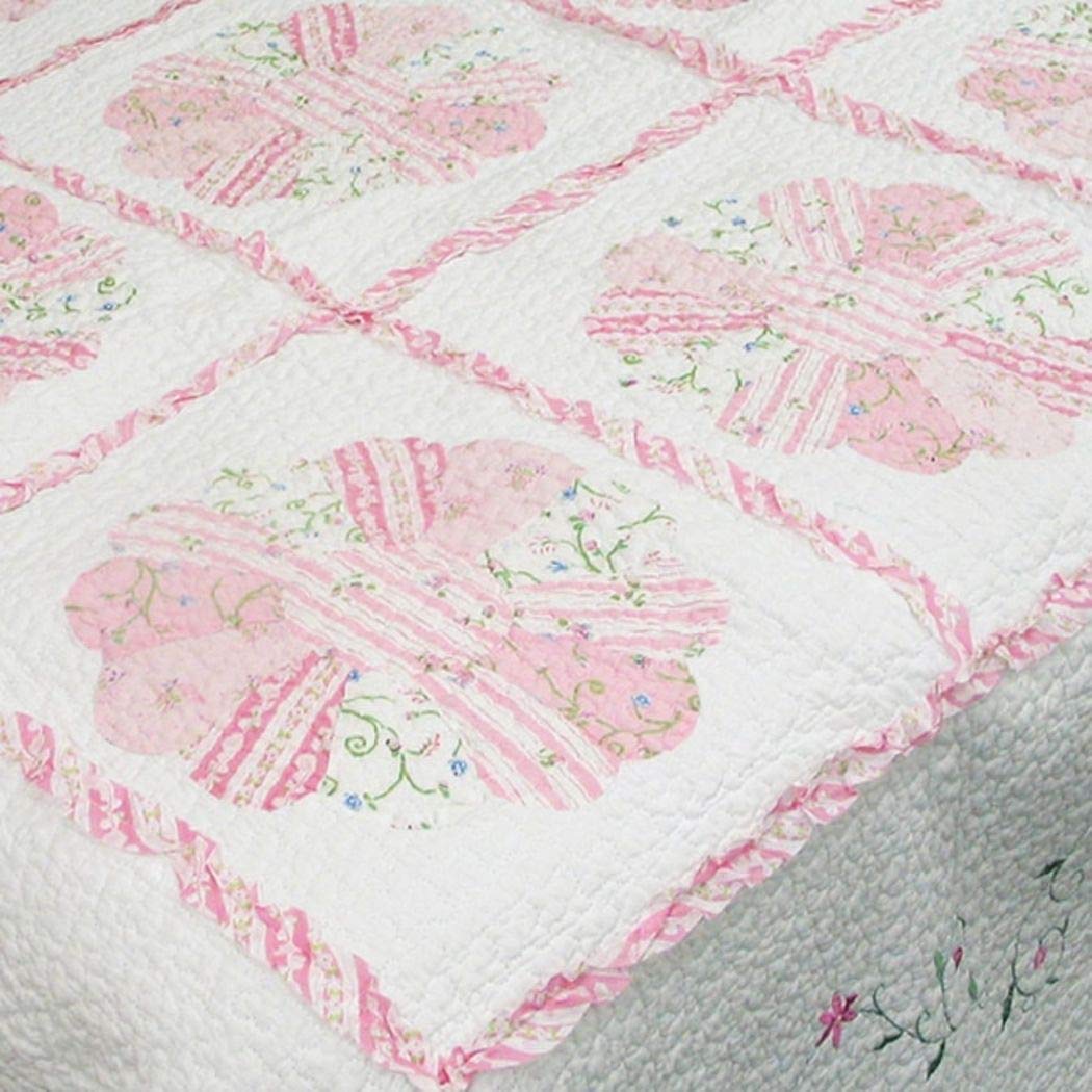 2 Piece Beautiful Pink Green White Twin Quilt Set Floral Patchwork Themed - Diamond Home USA