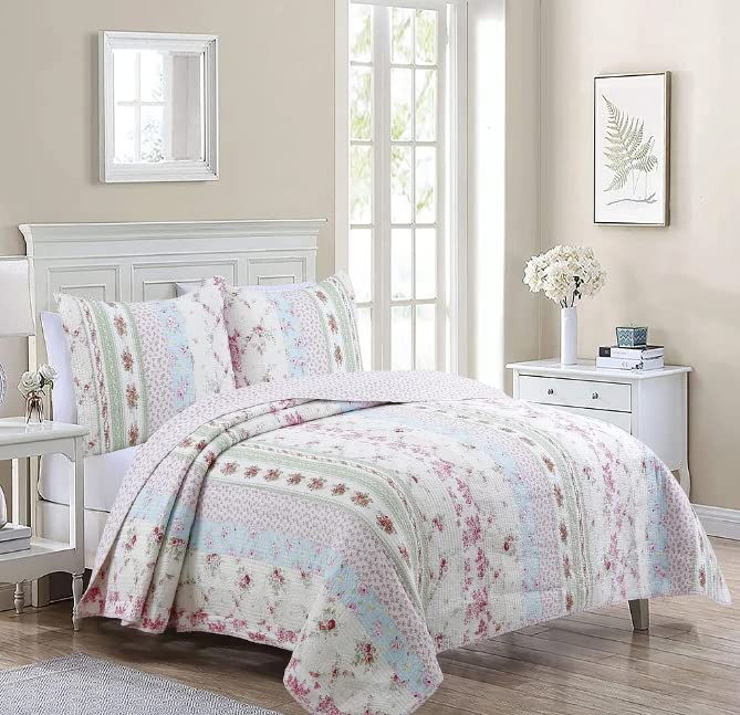 3 Piece King Quilt Set Shabby Patchwork Vintage Pink Rose Chic