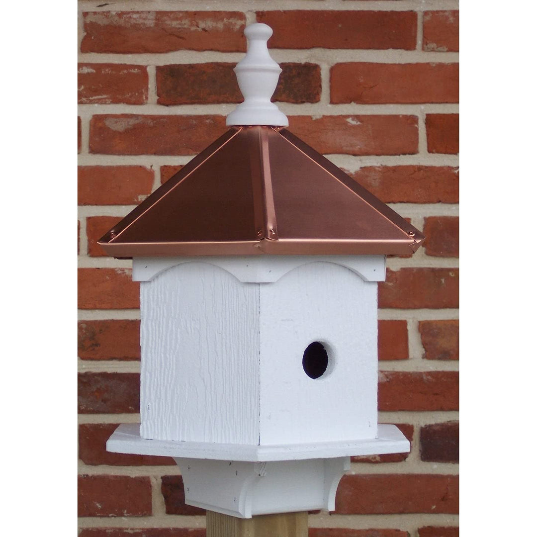 Double Blue Bird House with Copper Roof White Wood