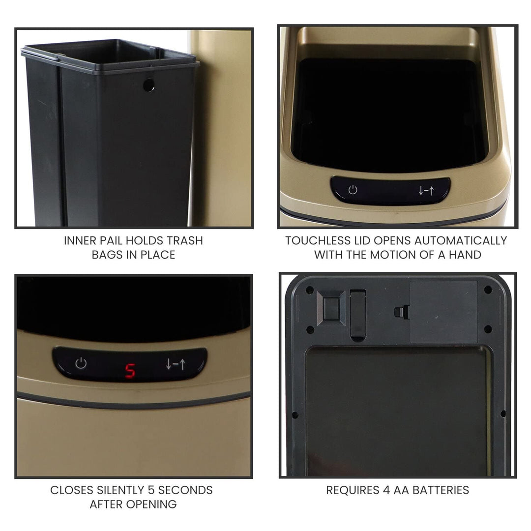 12-Liter / 3.2-Gallon Trash Can with Sensor Lid in Gold Rectangle Stainless - Diamond Home USA