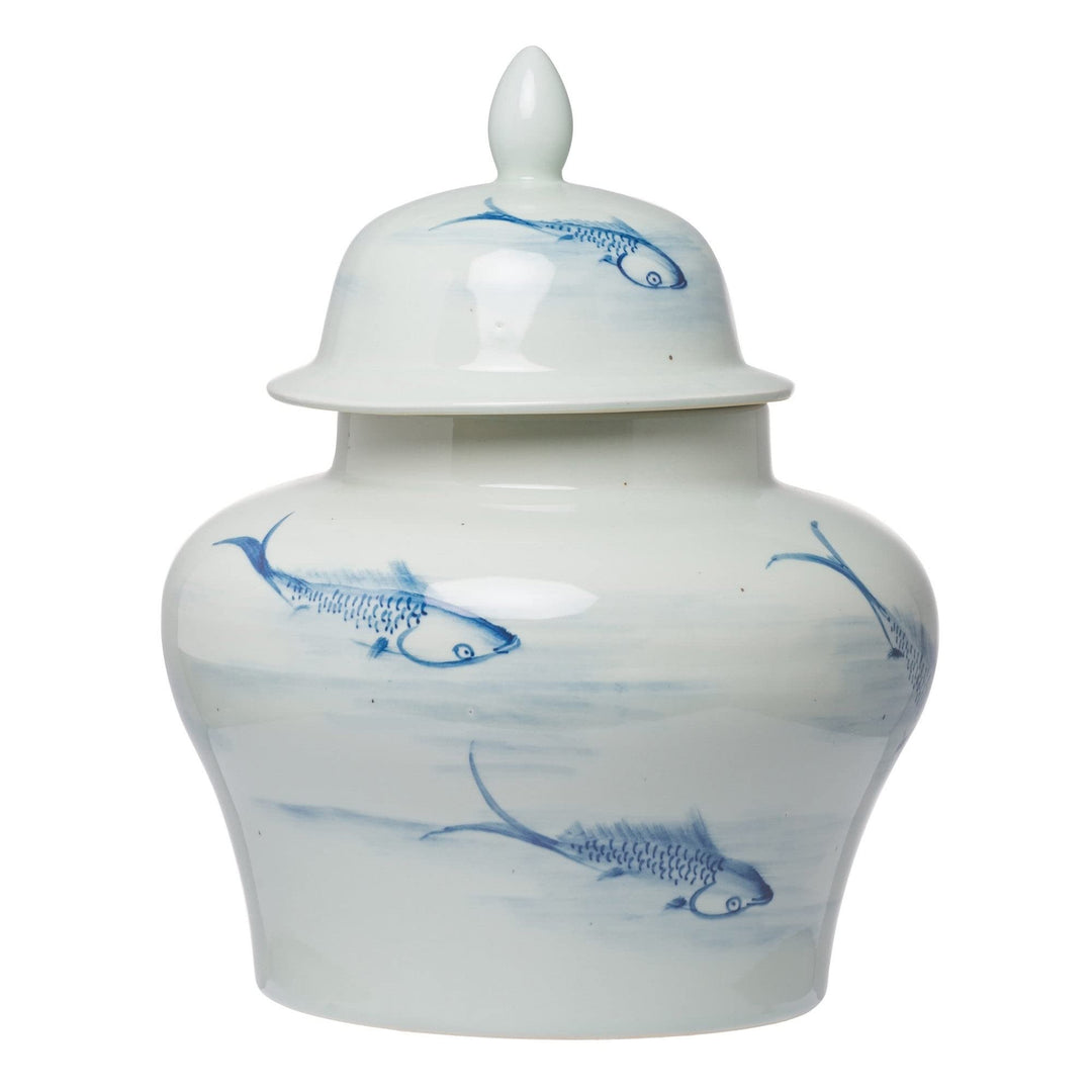 18 Inch Porcelain Ginger Jar Artful Wispy Fish Classic White and Blue Modern