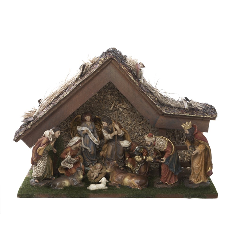 Kurt Adler 12-Inch Nativity Set with Stable and 10 Figures Brown