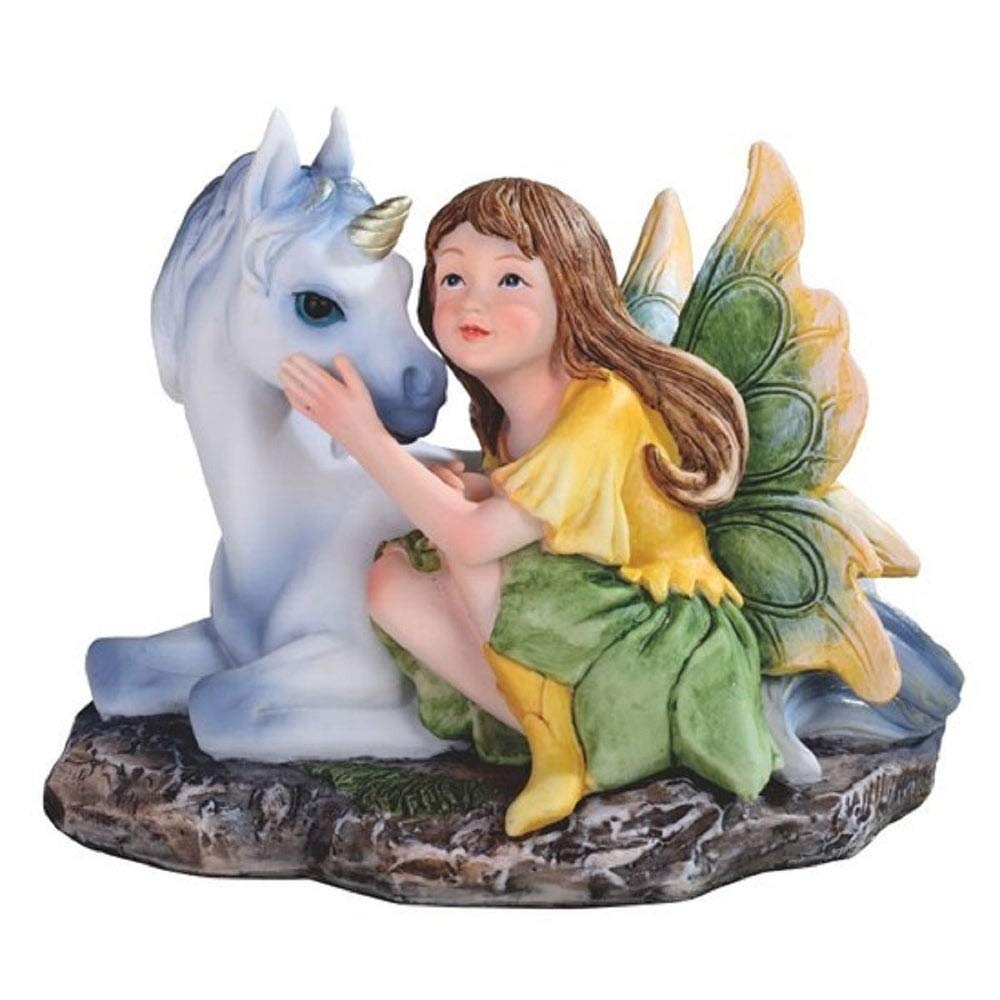 5" w Green/Yellow Fairy with Unicorn Statue Fantasy Decoration Figurine Green