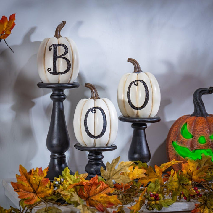 Farbo Set of Three Resn/Stone Lettered Whte Pumpkns on candleholders Large