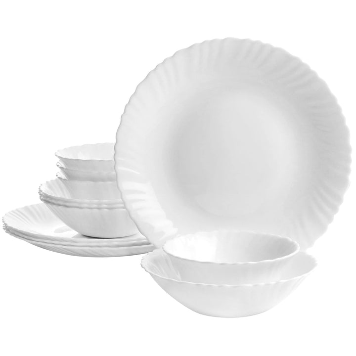 12 Piece Tempered Opal Glass Dinnerware Set White Solid Traditional Round