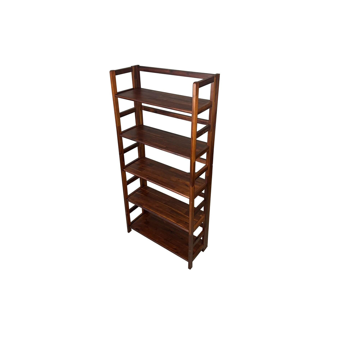 Solid Acacia 5 Tier Folding Bookcase Brown Mid-Century Modern Contemporary Mahogany