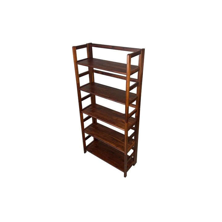 Solid Acacia 5 Tier Folding Bookcase Brown Mid-Century Modern Contemporary Mahogany