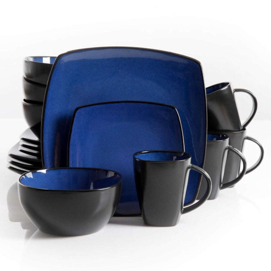 Modern 16 Piece Squared Dinnerware Set in Blue Solid Casual Square Stoneware