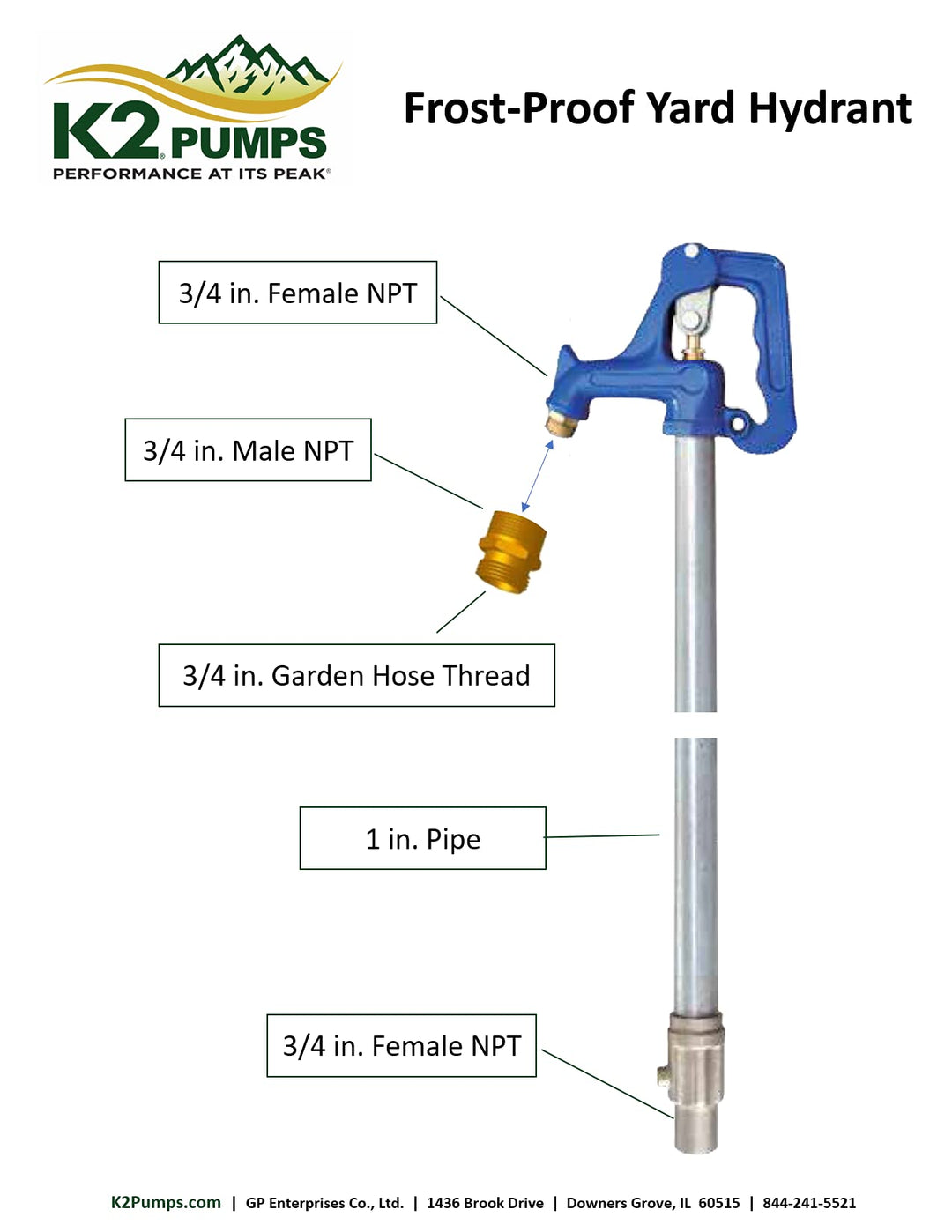 K2 Pumps AWP00001K-4 LF 4' FP Yard Hydrant; L 6.25' Bury Depth 4'