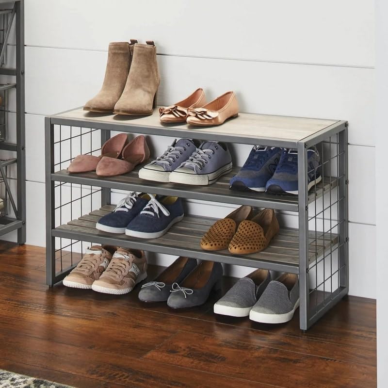 3 Tiers12-compartment Garment Shoe Rack Wood Gray Grey Wood Finish