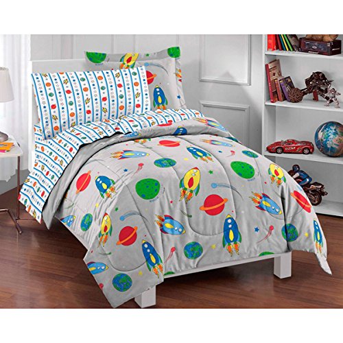 BCOS 5 Piece Kids Twin Size Sun Moon Stars Comforter Set Outer Space Galaxy