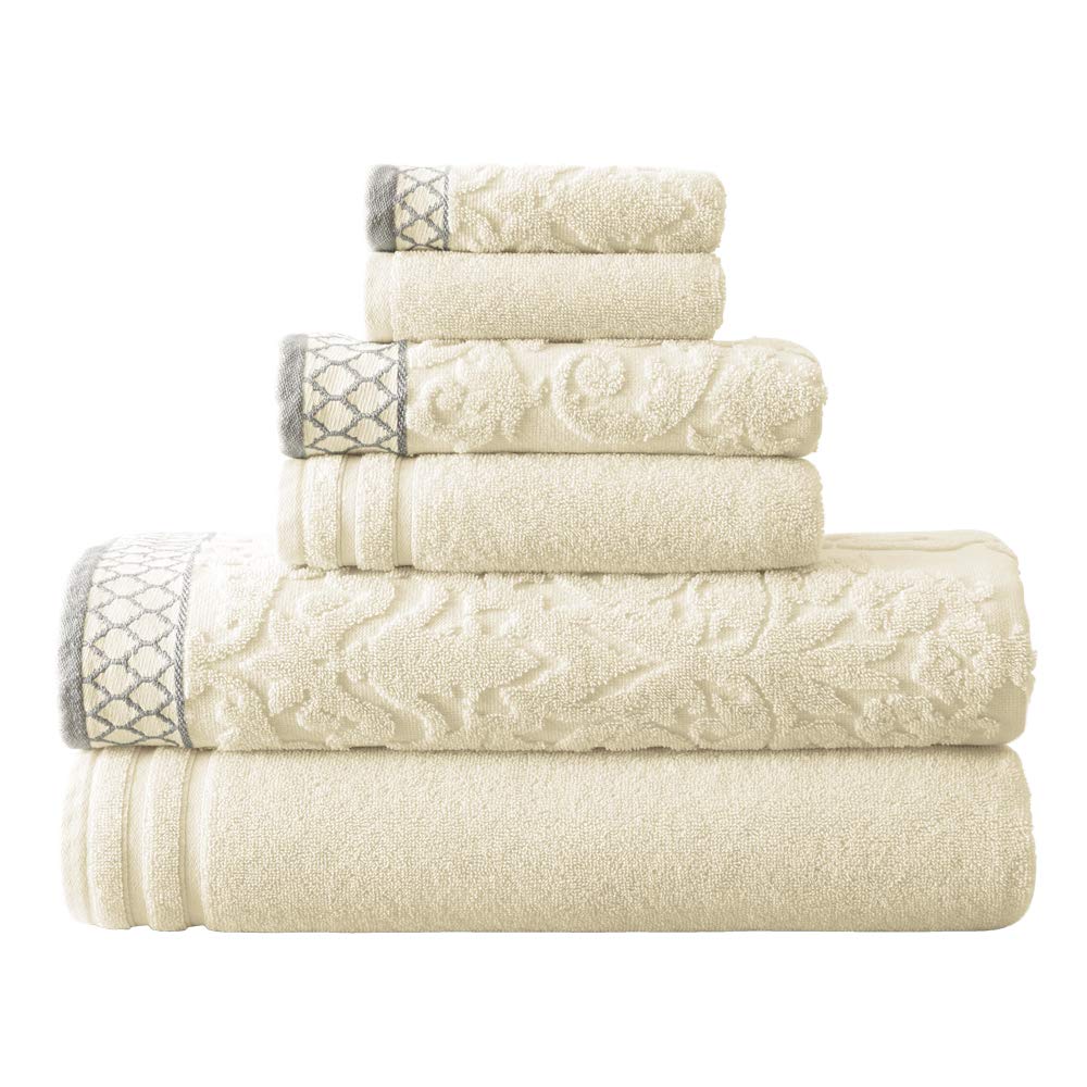 Modern Threads 6-Piece Damask Jacquard/Solid Ultra Soft 550GSM 100% Combed Ivory