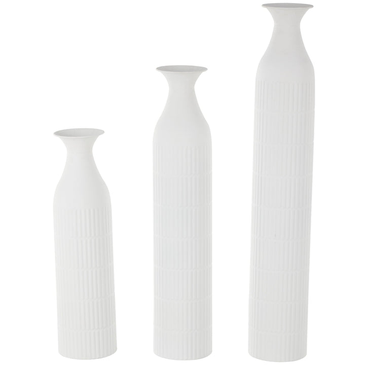 White Metal Tall Slim Ribbed Floor Vase (Set of 3)