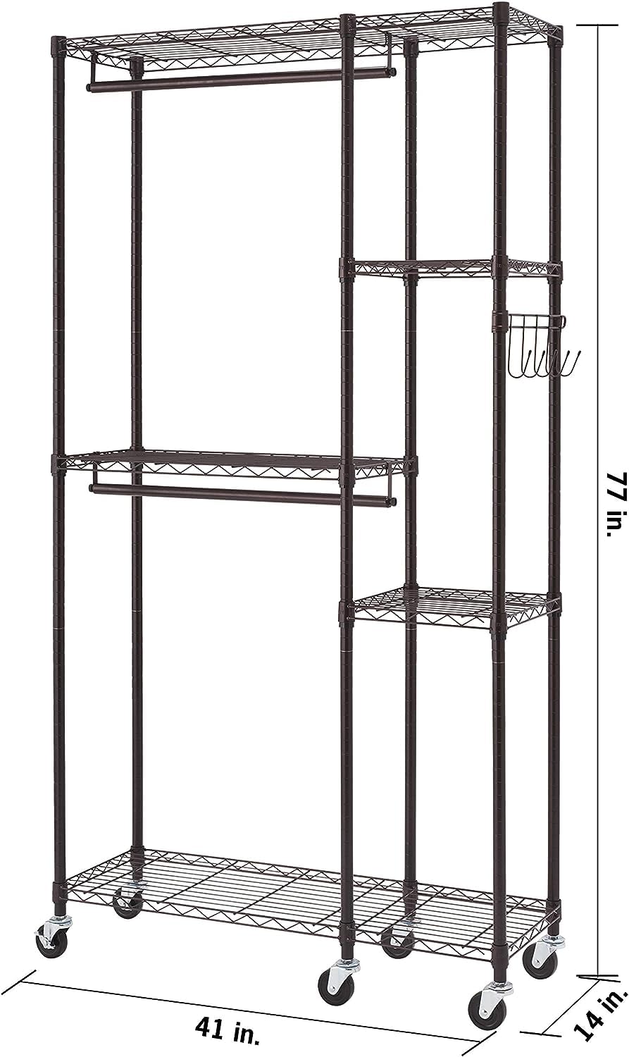 TRINITY Rolling Garment Rack With Shelves And Storage Hooks For Clothing Storage Dark Bronze