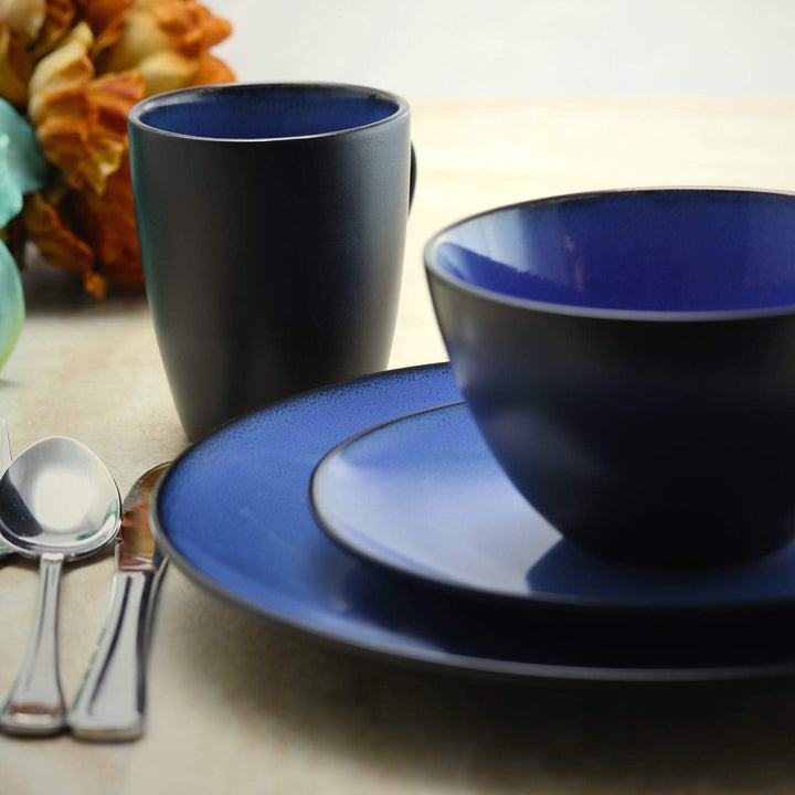 Downtown Round 16pc Dinnerware Set Blue Solid Casual Stoneware 16 Piece