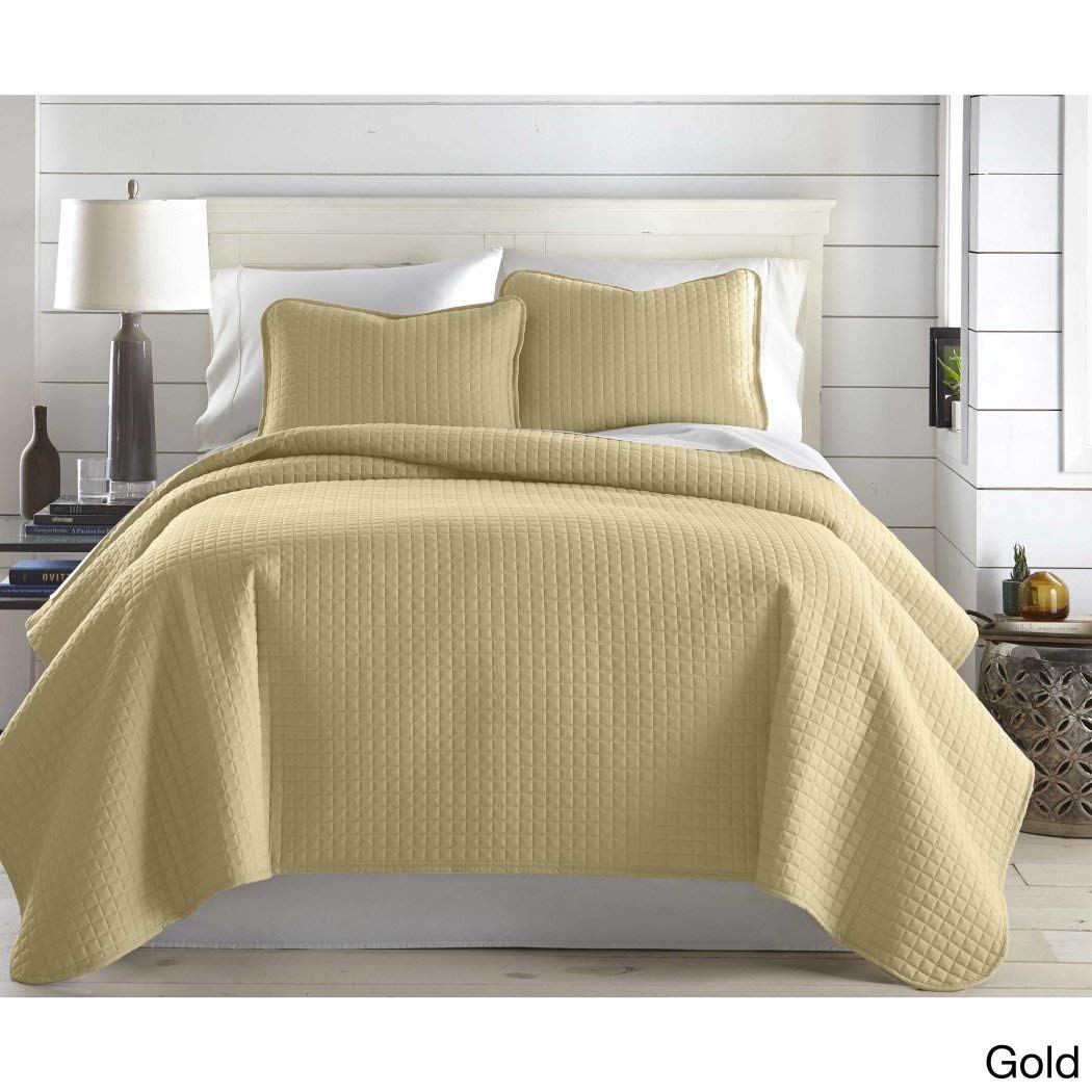 3 Piece Oversized Yellow Gold King/Cal King Quilt Set Square Pattern Themed Gold - King - Cal King