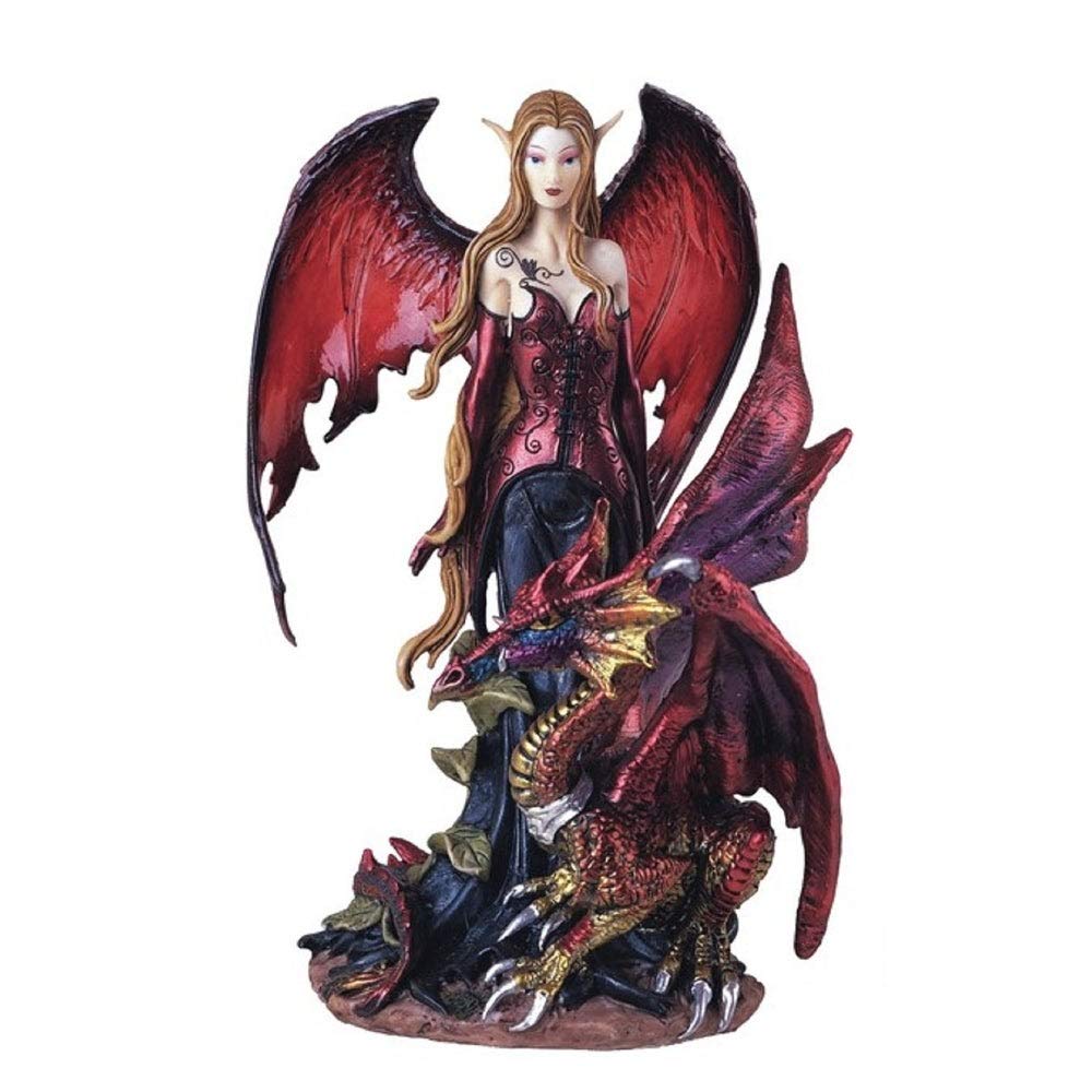 8" h Gothic Red Fairy with Dragon Statue Fantasy Decoration Figurine Polyresin