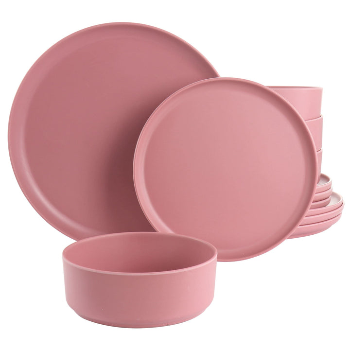 12 Piece Round Dinnerware Set In Pink Pieces Solid Casual