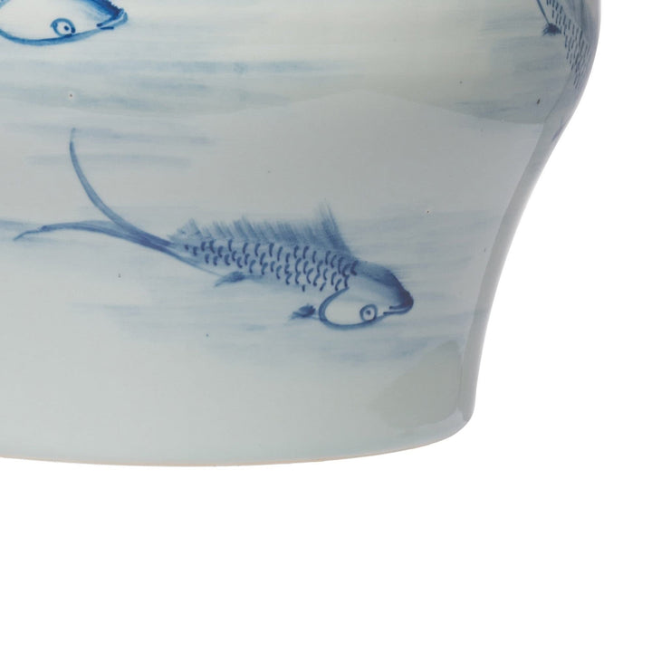 18 Inch Porcelain Ginger Jar Artful Wispy Fish Classic White and Blue Modern - Diamond Home USA