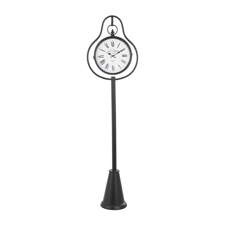 Black Metal Double Sided Tall Standing Floor Clock with Cone Shaped Base Iron