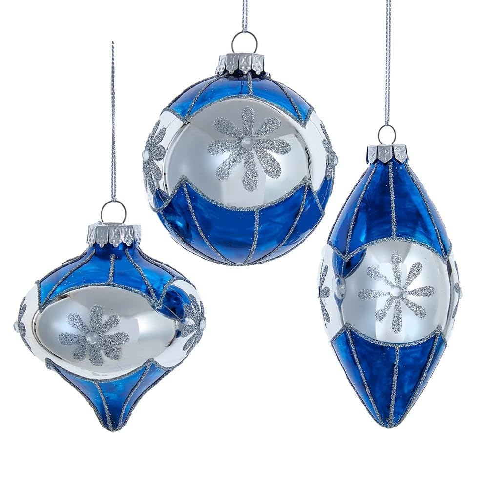 80mm Glass Blue Snowflake Ball Onion and Teardrop Shaped Ornaments 3-Piece Set