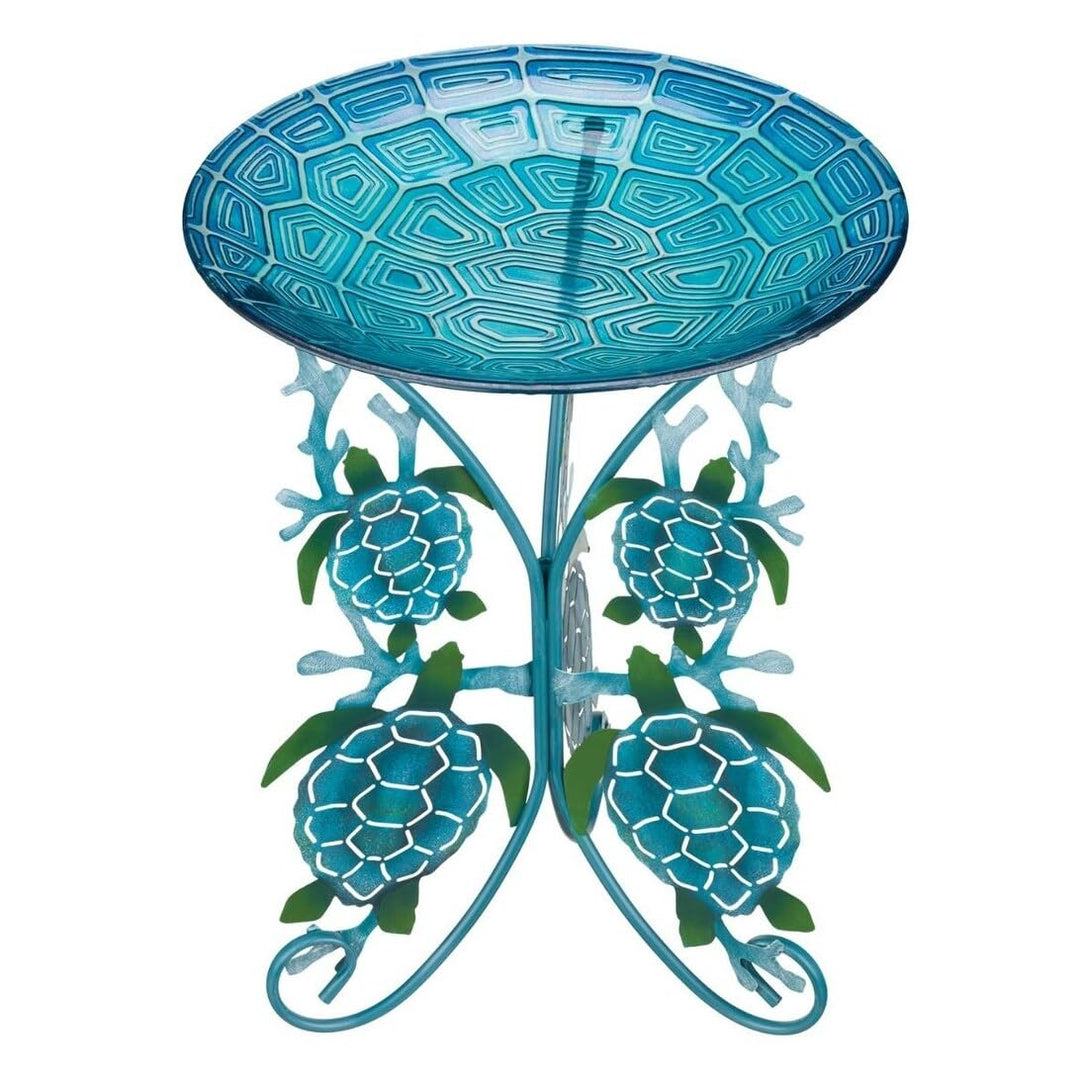 18" Birdbath with Decorative Stand Sea Turtle Blue Metal - Diamond Home USA