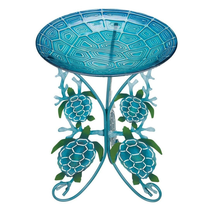 18" Birdbath with Decorative Stand Sea Turtle Blue Metal - Diamond Home USA